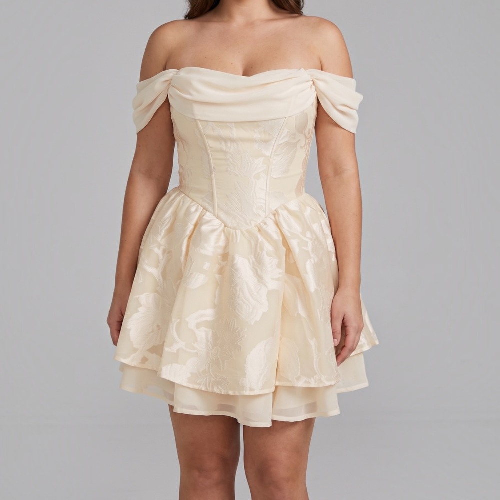 Selfie Leslie Lusting Off Shoulder Mini Dress Ivory Cream Jacquard NEW Size XL
